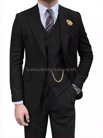Férfi tweed öltöny herringbone mintázattal, slim-fit, háromrészes, lapos gallér és kétgombos záródás