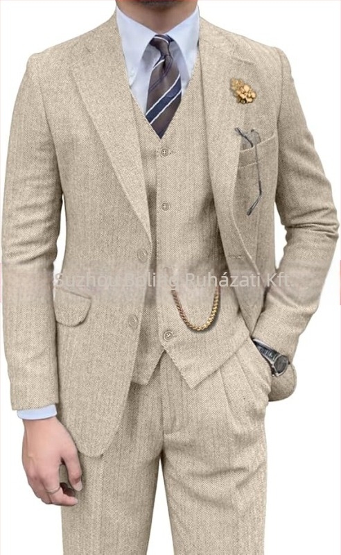 Férfi tweed öltöny herringbone mintázattal, slim-fit, háromrészes, lapos gallér és kétgombos záródás