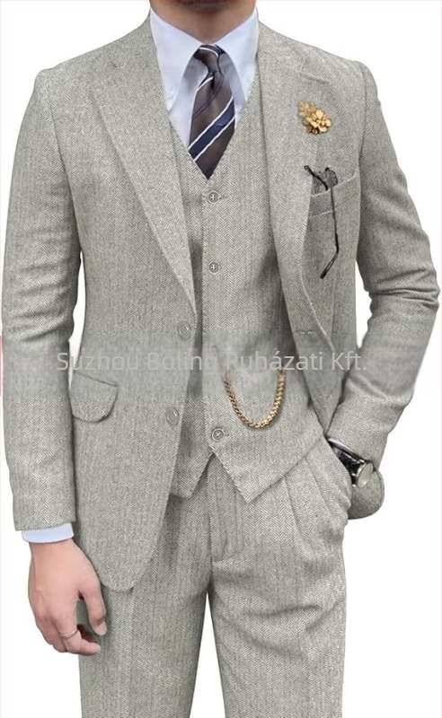 Férfi tweed öltöny herringbone mintázattal, slim-fit, háromrészes, lapos gallér és kétgombos záródás