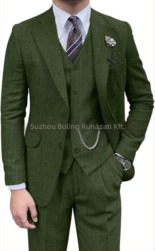 Férfi tweed öltöny herringbone mintázattal, slim-fit, háromrészes, lapos gallér és kétgombos záródás