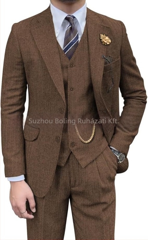 Férfi tweed öltöny herringbone mintázattal, slim-fit, háromrészes, lapos gallér és kétgombos záródás