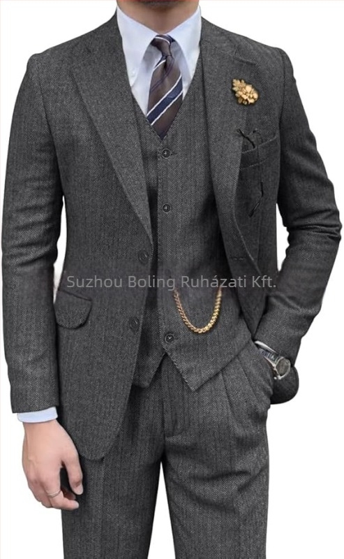 Férfi tweed öltöny herringbone mintázattal, slim-fit, háromrészes, lapos gallér és kétgombos záródás