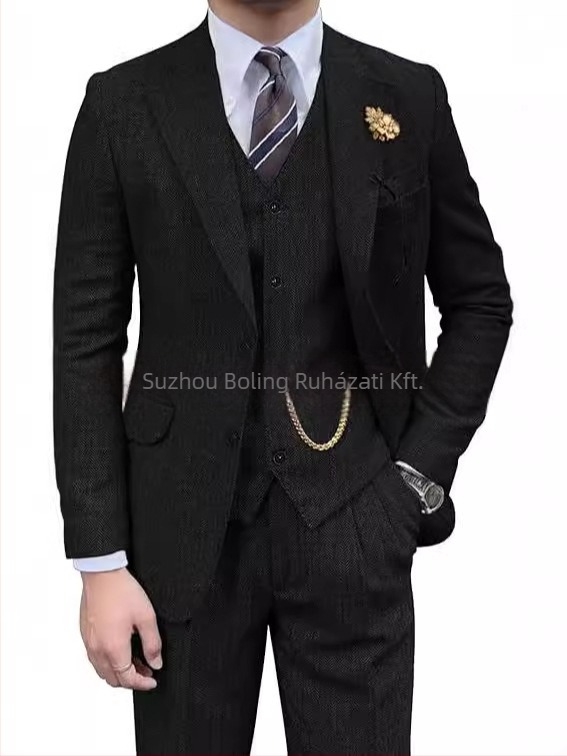 Férfi tweed öltöny herringbone mintázattal, slim-fit, háromrészes, lapos gallér és kétgombos záródás