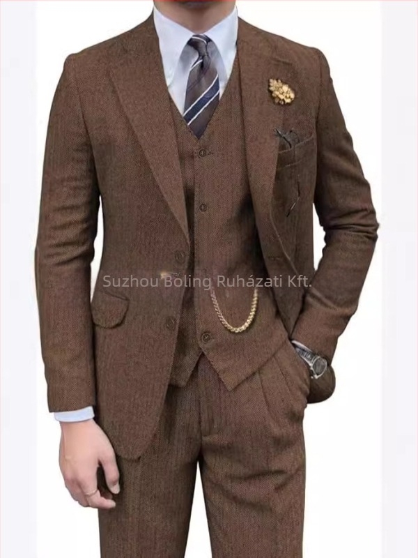 Férfi tweed öltöny herringbone mintázattal, slim-fit, háromrészes, lapos gallér és kétgombos záródás