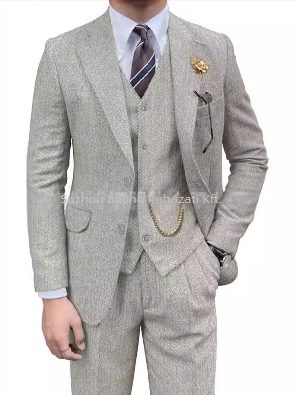 Férfi tweed öltöny herringbone mintázattal, slim-fit, háromrészes, lapos gallér és kétgombos záródás