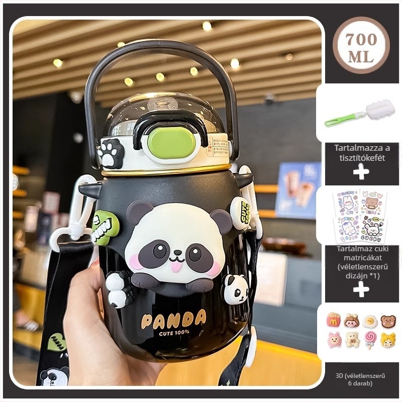 Panda gyerekeknek szánt termosz, nagy kapacitású, aranyos iskolai dizájnnal, szívószállal