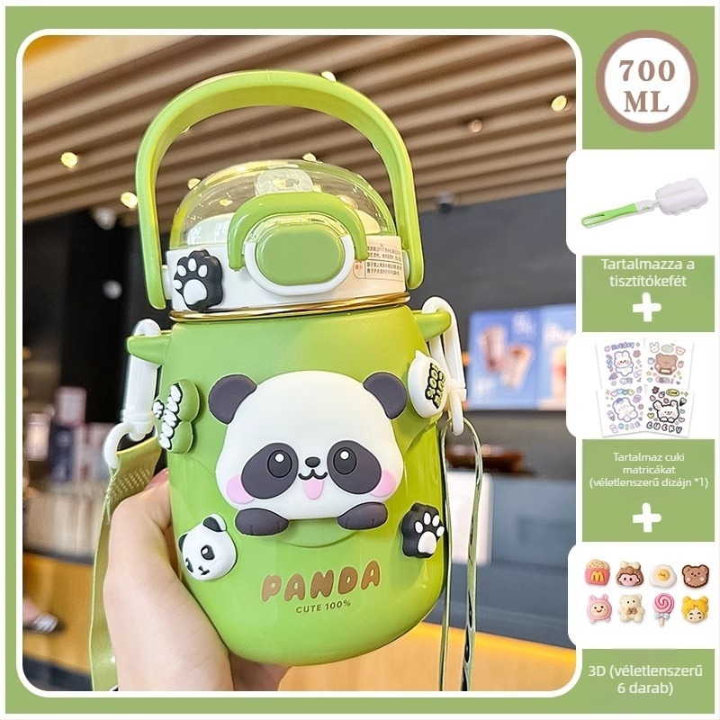 Panda gyerekeknek szánt termosz, nagy kapacitású, aranyos iskolai dizájnnal, szívószállal
