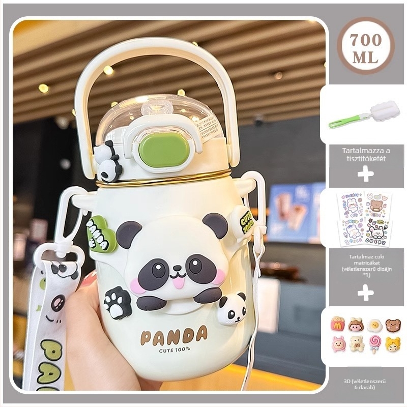 Panda gyerekeknek szánt termosz, nagy kapacitású, aranyos iskolai dizájnnal, szívószállal