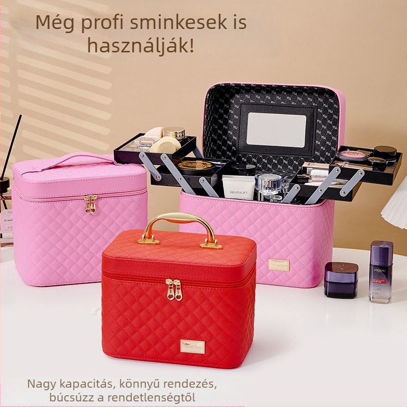 Nagy kapacitású sminktáska, négy rekesz, vízálló PVC, univerzális kerekek, cipzáras zárás
