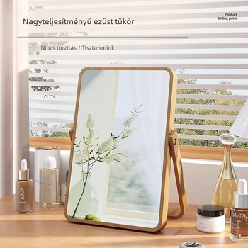 Asztali egyoldalú kozmetikai tükör, forgatható, fa kerettel, hálószoba és fürdőszoba számára, ezüst tükröző felülettel