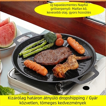 Vasból készült kemping grill serpenyő – kerek, hordozható, füstmentes, tapadásmentes, könnyen tisztítható