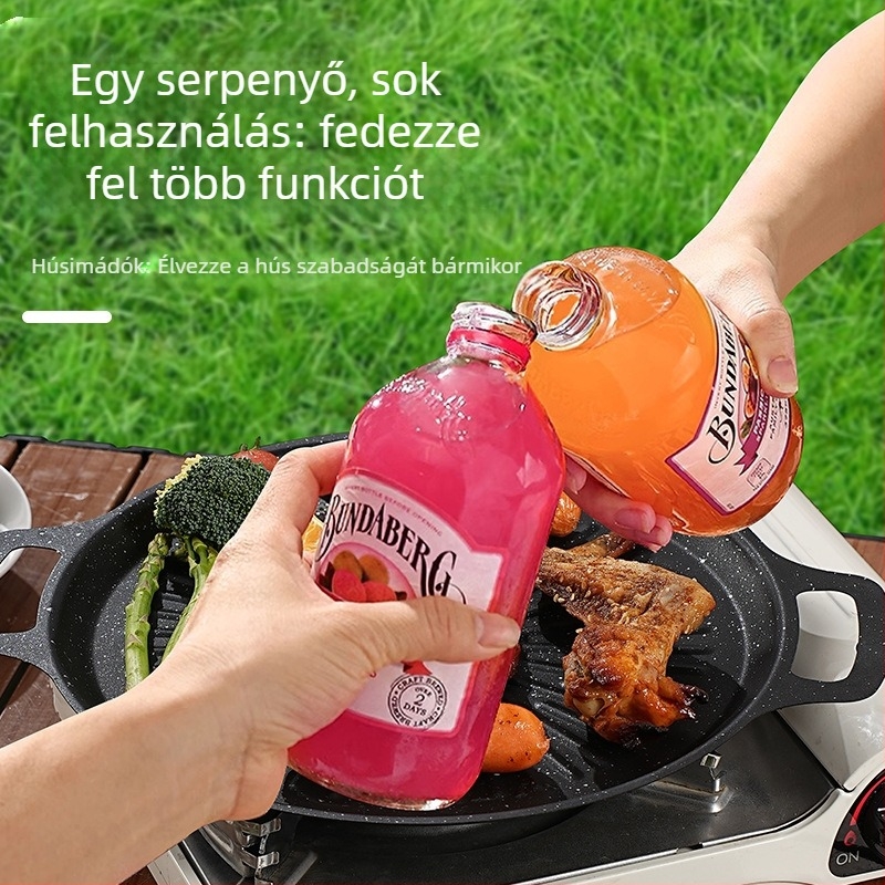 Vasból készült kemping grill serpenyő – kerek, hordozható, füstmentes, tapadásmentes, könnyen tisztítható