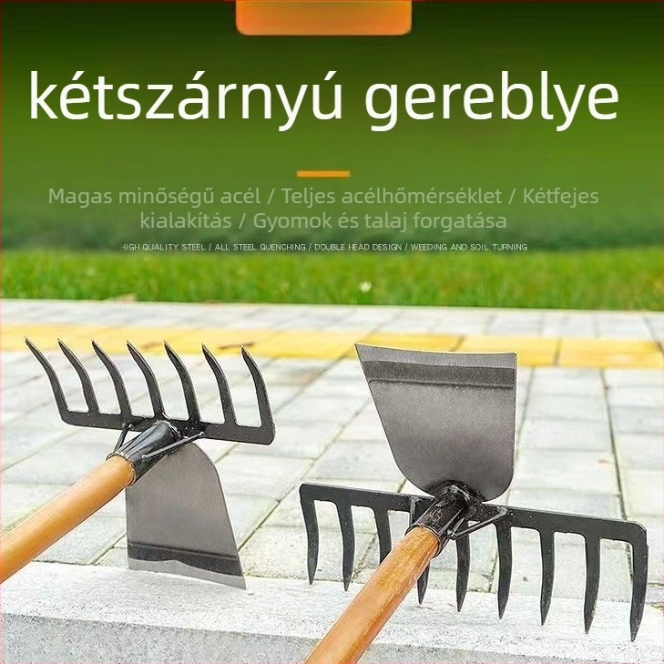 Tízfogú acél gereblye — többfunkciós talajlazító eszköz