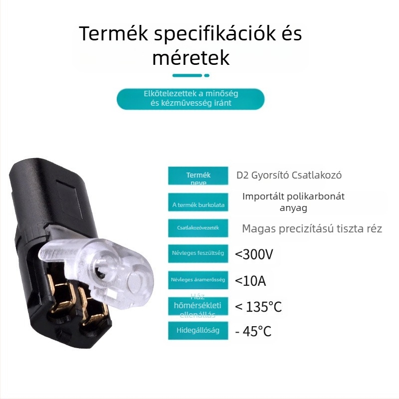 Beef time LED D2 gyors csatlakozó – 1 tűs terminál vezeték-vezeték közötti csatlakozáshoz, közvetlen plug-in, szigetelőanyag: magas tisztaságú foszforos réz, vezeték keresztmetszet 0,35–0,75 mm, LED világításhoz