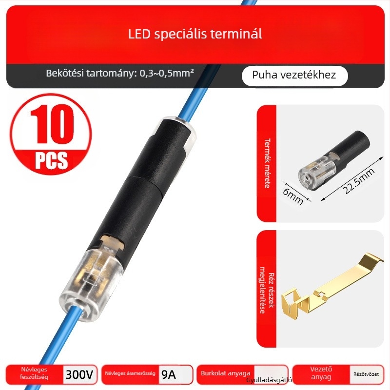 Beef time LED D2 gyors csatlakozó – 1 tűs terminál vezeték-vezeték közötti csatlakozáshoz, közvetlen plug-in, szigetelőanyag: magas tisztaságú foszforos réz, vezeték keresztmetszet 0,35–0,75 mm, LED világításhoz