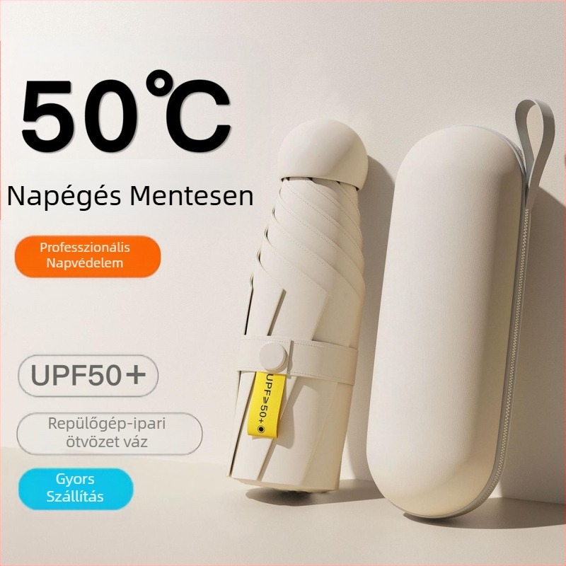 Mini kompakt, hordozható napernyő, fekete UV védelem UPF 50+, könnyű női nap- és esernyő egyben