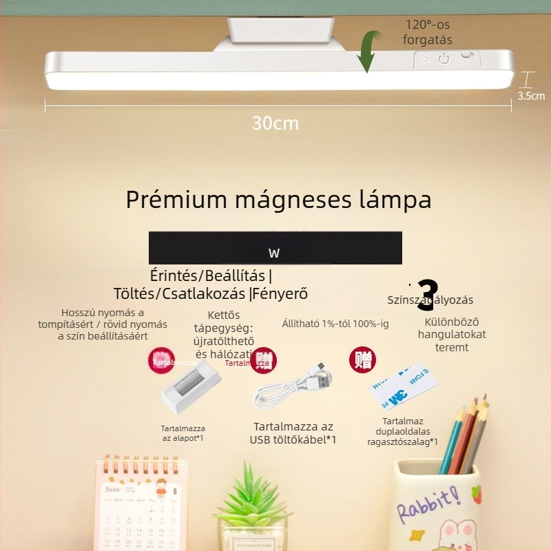 LED éjjeliszekrény lámpa mágneses rögzítéssel, szemvédelem, érintéses kapcsoló, fényerő-szabályzás, beépített lítium akkumulátor