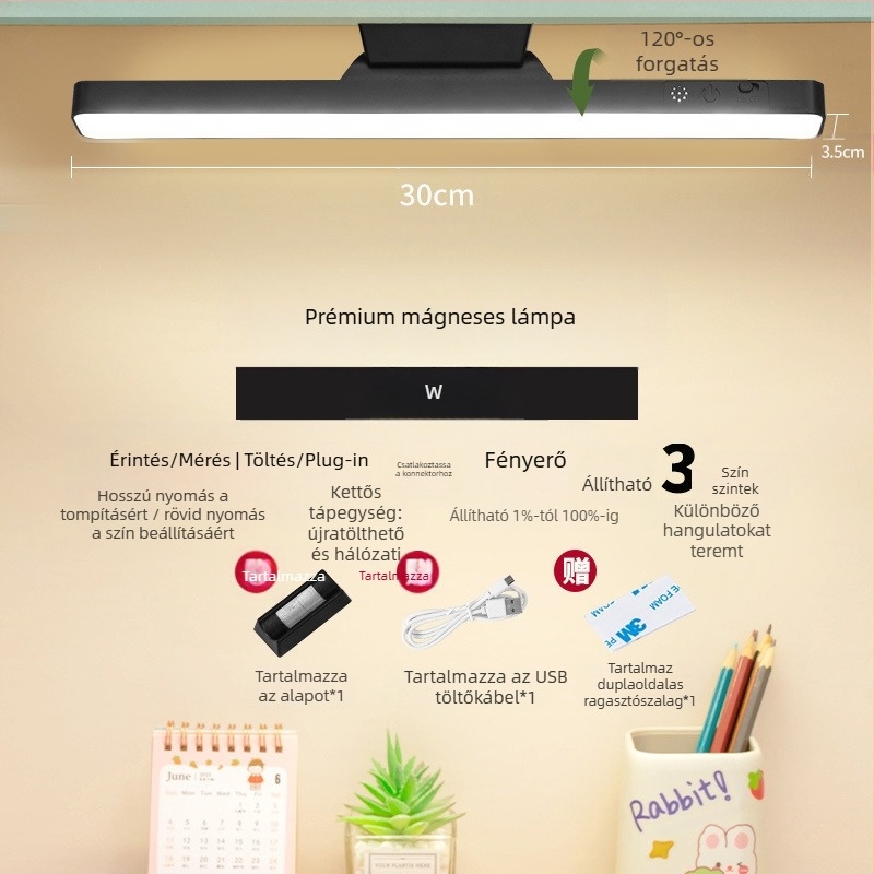 LED éjjeliszekrény lámpa mágneses rögzítéssel, szemvédelem, érintéses kapcsoló, fényerő-szabályzás, beépített lítium akkumulátor