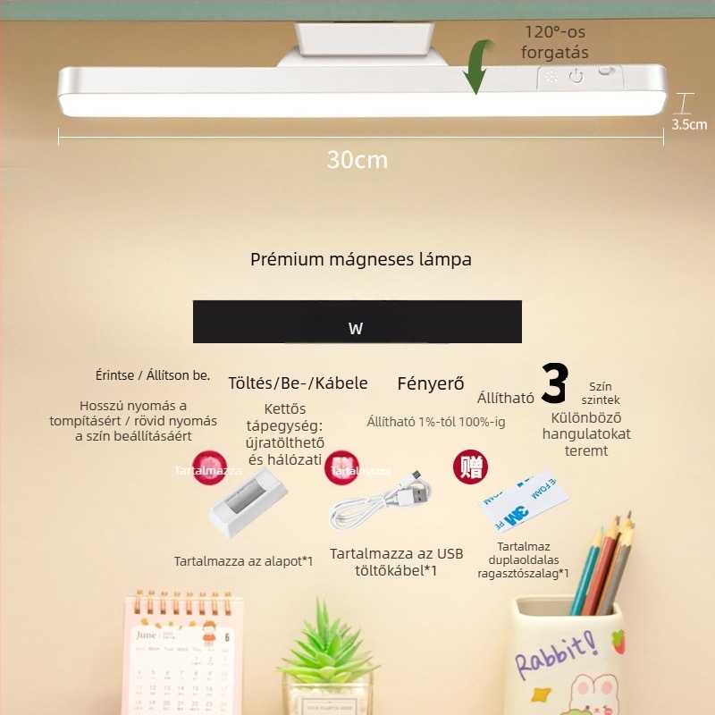LED éjjeliszekrény lámpa mágneses rögzítéssel, szemvédelem, érintéses kapcsoló, fényerő-szabályzás, beépített lítium akkumulátor