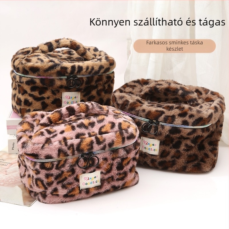 Plüss sminktáska, nagy kapacitású, leopard mintás, hordozható utazási tároló, bélés poliészter-pamut