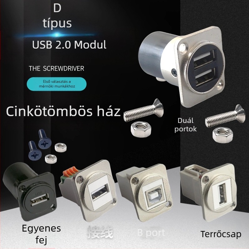 D-típusú USB 2.0 modul adatátviteli hajlított csatlakozó, csavaros rögzítés és dupla lyukú aljzat