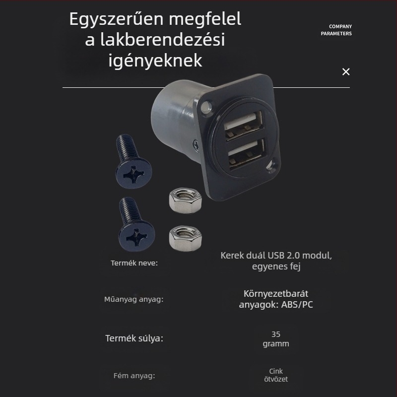 D-típusú USB 2.0 modul adatátviteli hajlított csatlakozó, csavaros rögzítés és dupla lyukú aljzat