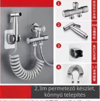 304 rozsdamentes acél WC-bidé készlet, fúrás nélküli, nyomásos, falba szerelt, 1 bemenet 2 kimenet, hajlított szeleppel — modell Stainless Steel Toilet Mate