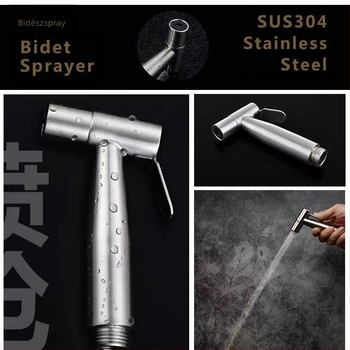 304 rozsdamentes acél WC-bidé készlet, fúrás nélküli, nyomásos, falba szerelt, 1 bemenet 2 kimenet, hajlított szeleppel — modell Stainless Steel Toilet Mate
