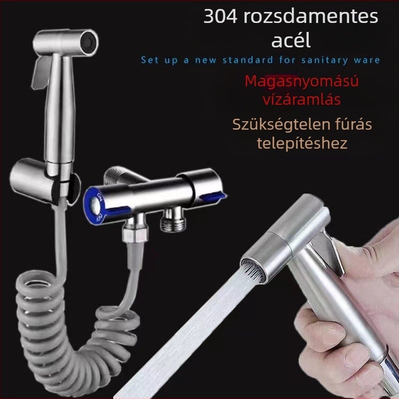 304 rozsdamentes acél WC-bidé készlet, fúrás nélküli, nyomásos, falba szerelt, 1 bemenet 2 kimenet, hajlított szeleppel — modell Stainless Steel Toilet Mate