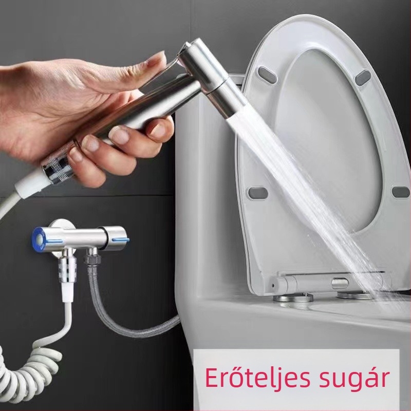 304 rozsdamentes acél WC-bidé készlet, fúrás nélküli, nyomásos, falba szerelt, 1 bemenet 2 kimenet, hajlított szeleppel — modell Stainless Steel Toilet Mate