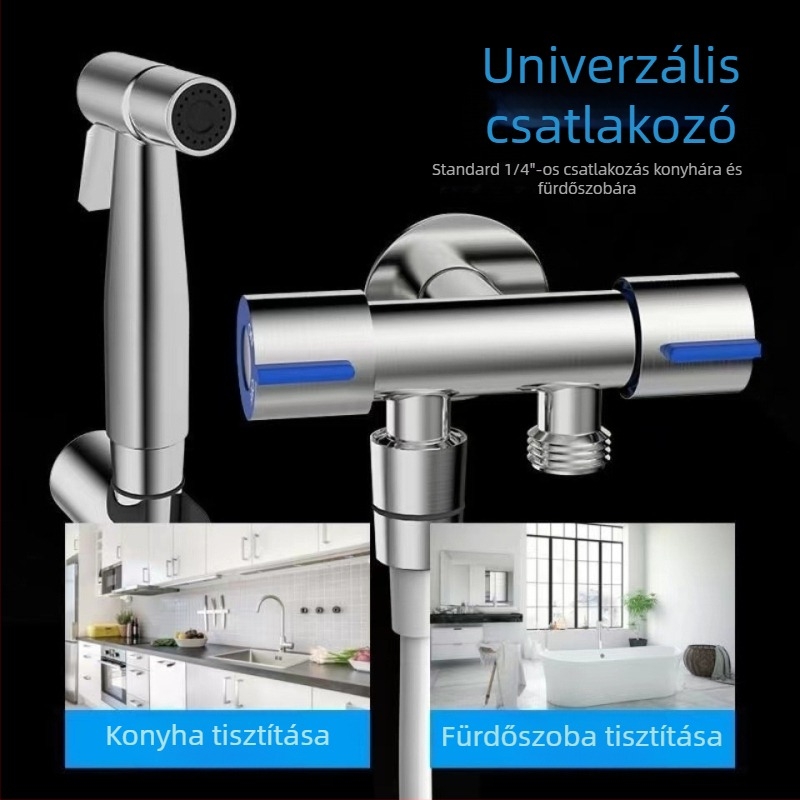 304 rozsdamentes acél WC-bidé készlet, fúrás nélküli, nyomásos, falba szerelt, 1 bemenet 2 kimenet, hajlított szeleppel — modell Stainless Steel Toilet Mate