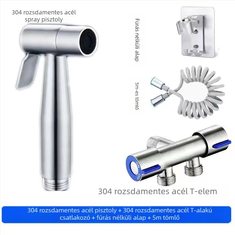 304 rozsdamentes acél WC-bidé készlet, fúrás nélküli, nyomásos, falba szerelt, 1 bemenet 2 kimenet, hajlított szeleppel — modell Stainless Steel Toilet Mate