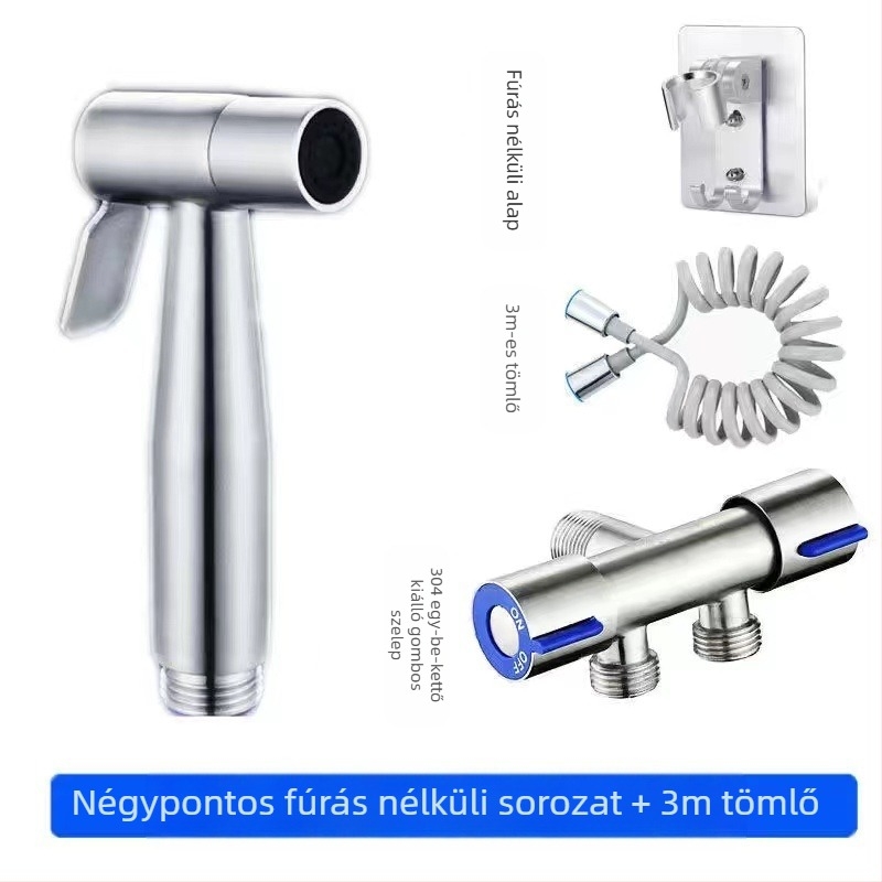 304 rozsdamentes acél WC-bidé készlet, fúrás nélküli, nyomásos, falba szerelt, 1 bemenet 2 kimenet, hajlított szeleppel — modell Stainless Steel Toilet Mate
