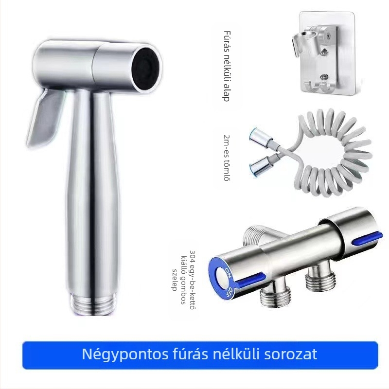 304 rozsdamentes acél WC-bidé készlet, fúrás nélküli, nyomásos, falba szerelt, 1 bemenet 2 kimenet, hajlított szeleppel — modell Stainless Steel Toilet Mate