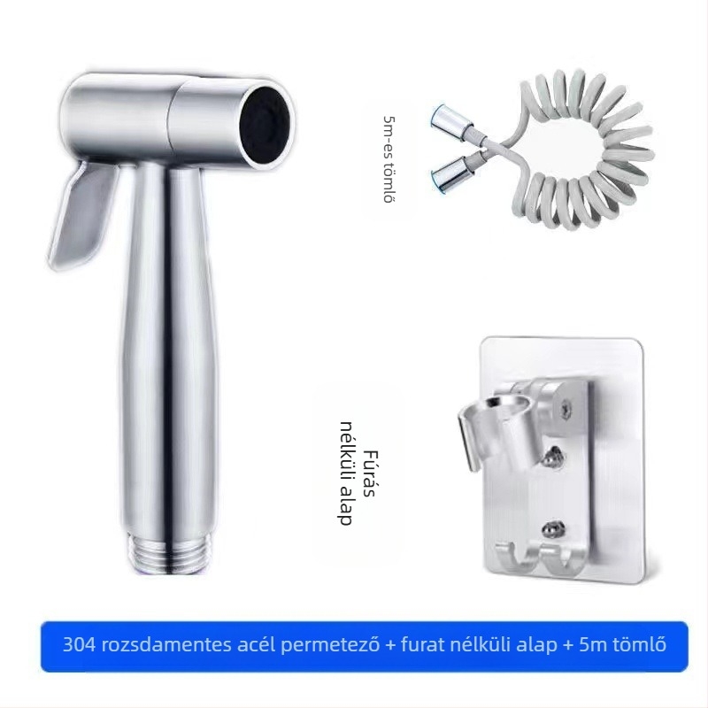 304 rozsdamentes acél WC-bidé készlet, fúrás nélküli, nyomásos, falba szerelt, 1 bemenet 2 kimenet, hajlított szeleppel — modell Stainless Steel Toilet Mate