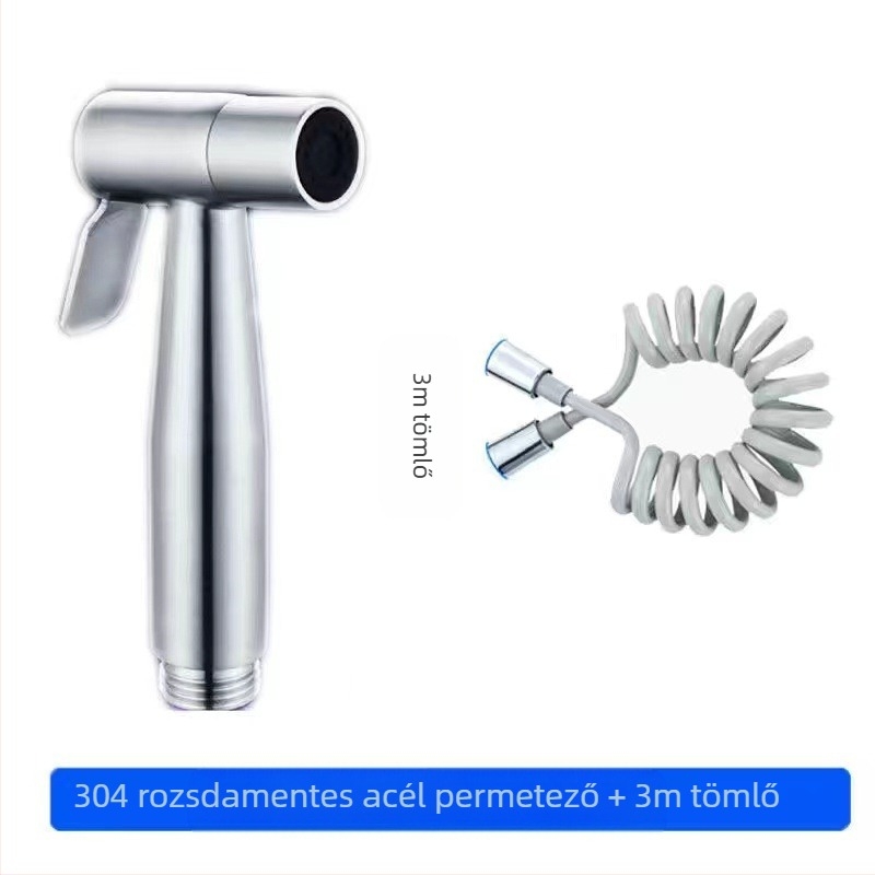 304 rozsdamentes acél WC-bidé készlet, fúrás nélküli, nyomásos, falba szerelt, 1 bemenet 2 kimenet, hajlított szeleppel — modell Stainless Steel Toilet Mate
