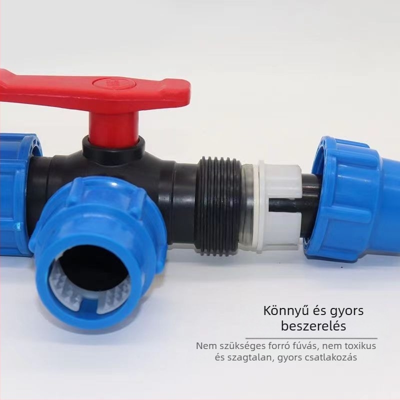 Mezőgazdasági gyorscsatlakozású háromutas szelep PE csövekhez, műanyag csőcsatlakozók és tartozékok