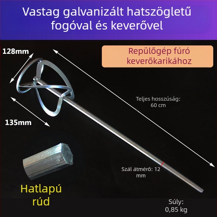 Kalapfúró keverőfej négyszögletes végű, dupla lapátos festékkeverő, fém kivitel