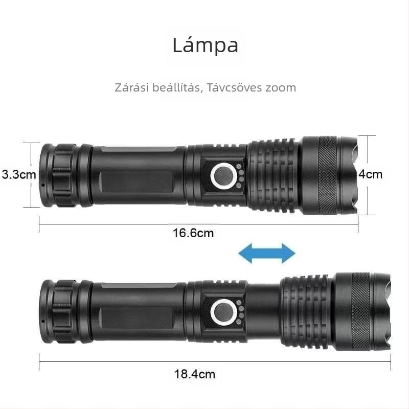Zseblámpa teleszkópos zoommal, alumínium ötvözet test, USB-ról tölthető, 10W LED, 200–500 m hatótáv kültéri használatra
