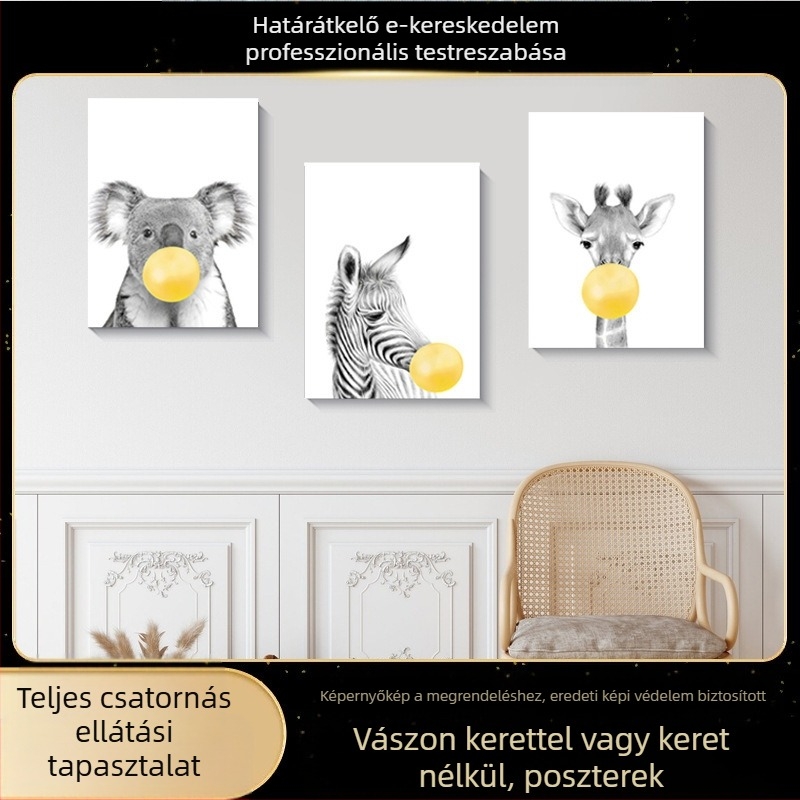 Nordic INS stílusú vászonfalikép aranyos állatfigurákkal, modern minimalist dekoráció a nappaliba és a gyerekszobába