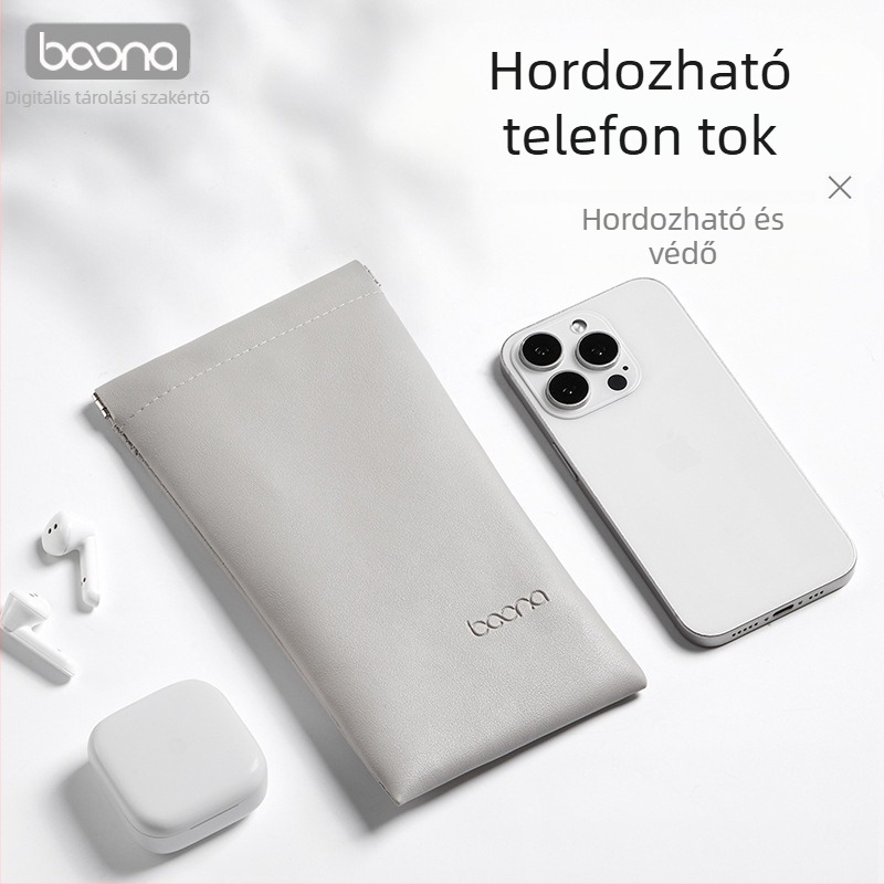 Mobiltelefon-védő táska, domborított PU anyag, automata zárózsinórral, 2 kg teherbírás, modell G005, 3C elektronikai termék csomagolás