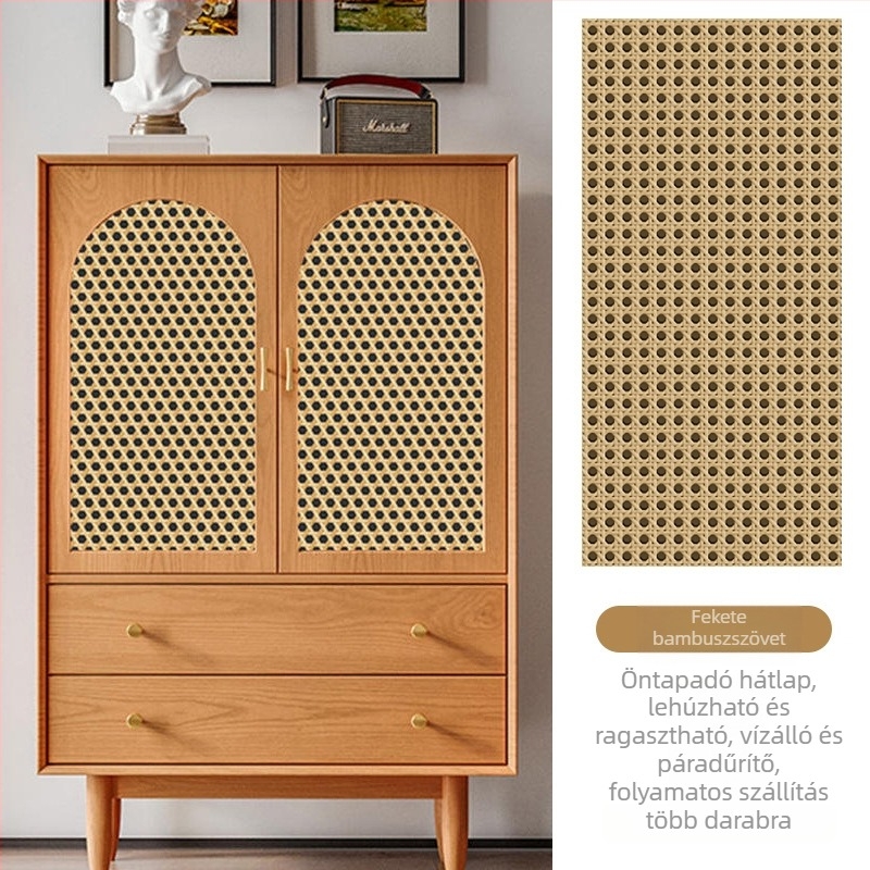 Rattan szekrényajtó matricája, 3D vintage hatás, öntapadós fólia üveg vitrínéhez, 1 db (Öntapadós, 3D vintage hatás, üveg vitrínéhez, 1 db)