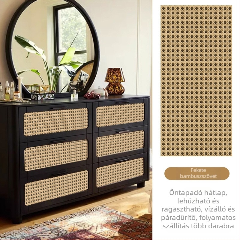Rattan szekrényajtó matricája, 3D vintage hatás, öntapadós fólia üveg vitrínéhez, 1 db (Öntapadós, 3D vintage hatás, üveg vitrínéhez, 1 db)