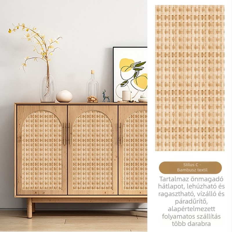 Rattan szekrényajtó matricája, 3D vintage hatás, öntapadós fólia üveg vitrínéhez, 1 db (Öntapadós, 3D vintage hatás, üveg vitrínéhez, 1 db)