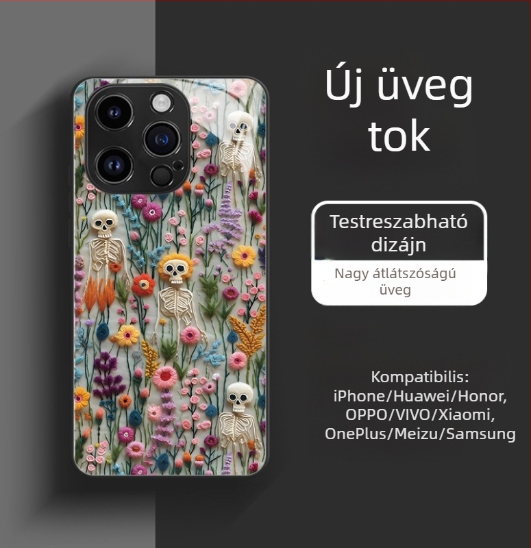 Koponyás üveg tok iPhone 17/16/15 Pro Max és iPhone 14 – Halloween dizájn, precíz kivágások