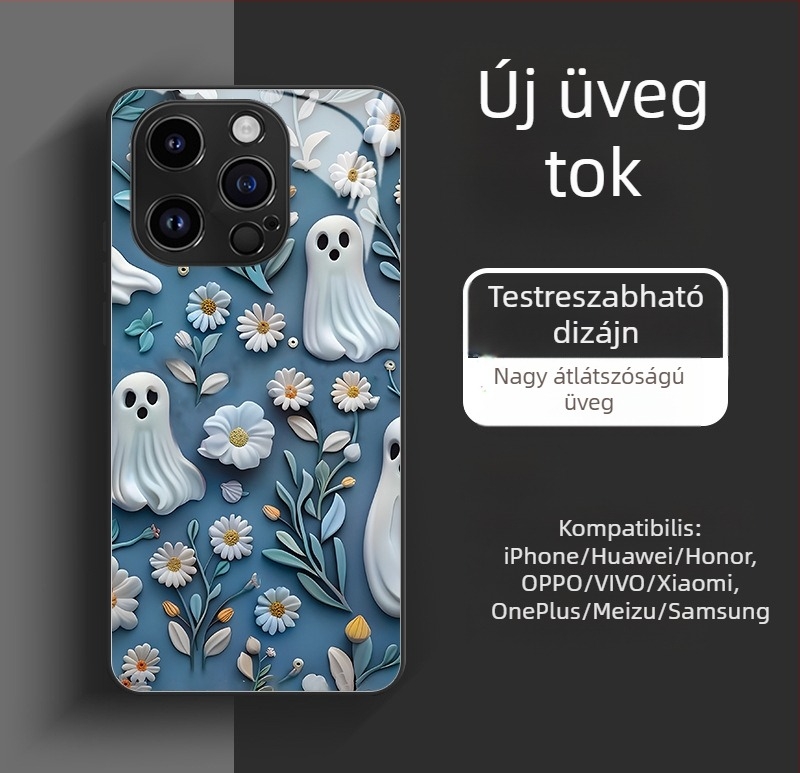 Koponyás üveg tok iPhone 17/16/15 Pro Max és iPhone 14 – Halloween dizájn, precíz kivágások
