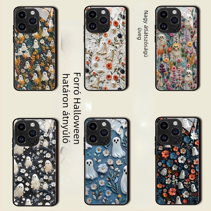 Koponyás üveg tok iPhone 17/16/15 Pro Max és iPhone 14 – Halloween dizájn, precíz kivágások