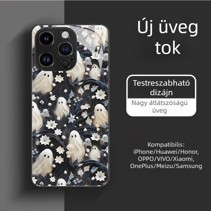 Koponyás üveg tok iPhone 17/16/15 Pro Max és iPhone 14 – Halloween dizájn, precíz kivágások