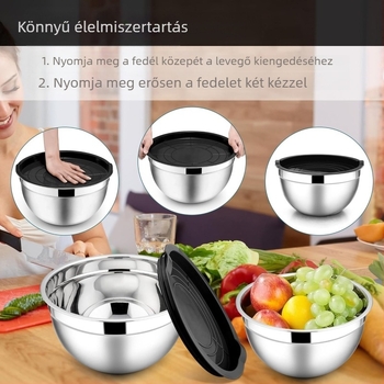 Fedővel ellátott rozsdamentes acél keverőtálak készlete, modern minimalista stílus, salátákhoz, tojásfelveréshez és sütés-előkészítéshez