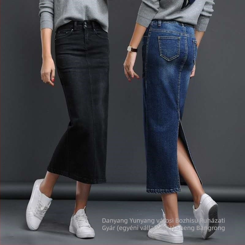 Női magas derekú denim szoknya, elasztikus szabású, koreai stílusú casual, hátsó hasítékkal, tavaszra és őszre